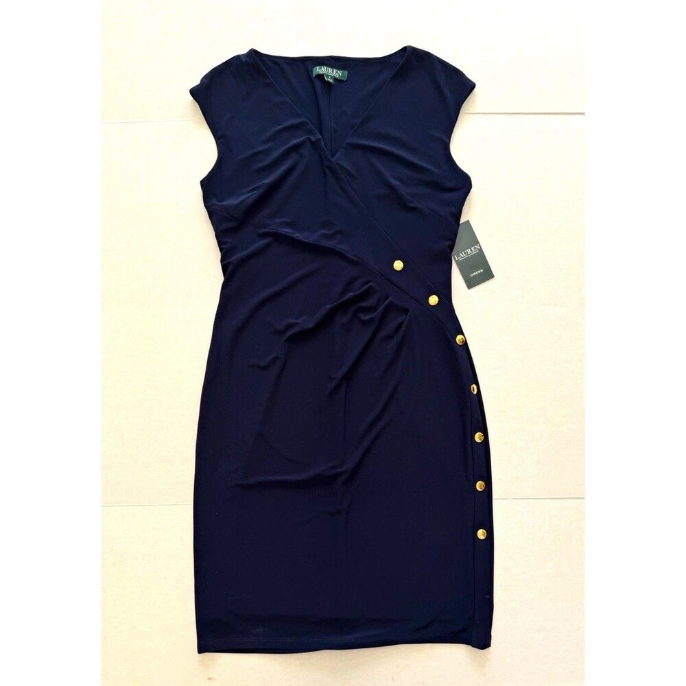 New Lauren Ralph Lauren Navy Wrap Sheath Dress 8 Stretch Jersey Old Money NWT